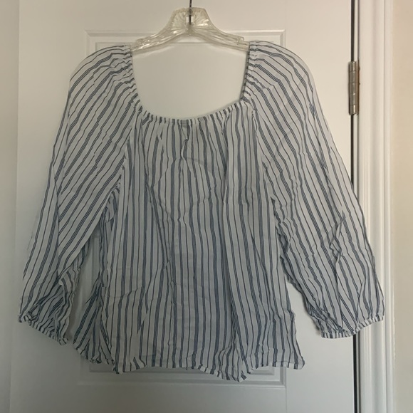 Banana Republic Blue and White Vertical Stripe Blouse with Smocked Neckline Sz S - Picture 2 of 3
